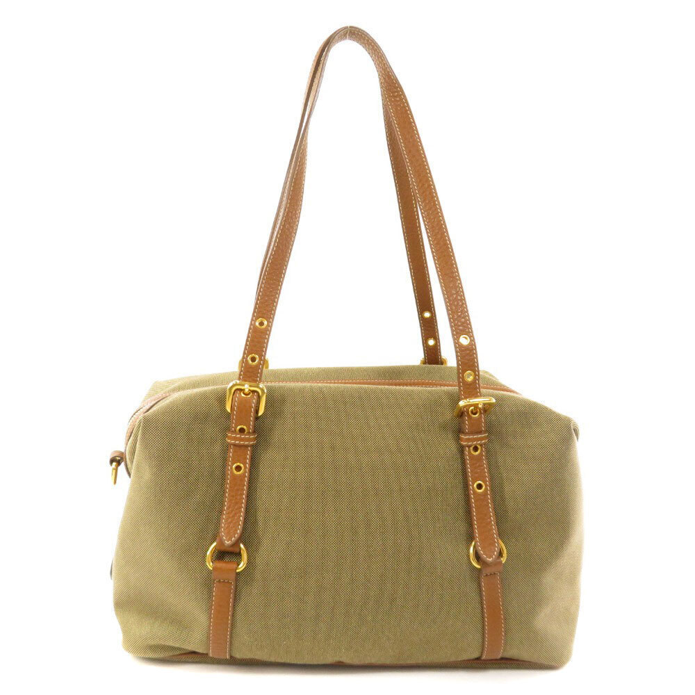 Prada beige leather Logo Bag Jacquard canvas brandy Bauletto